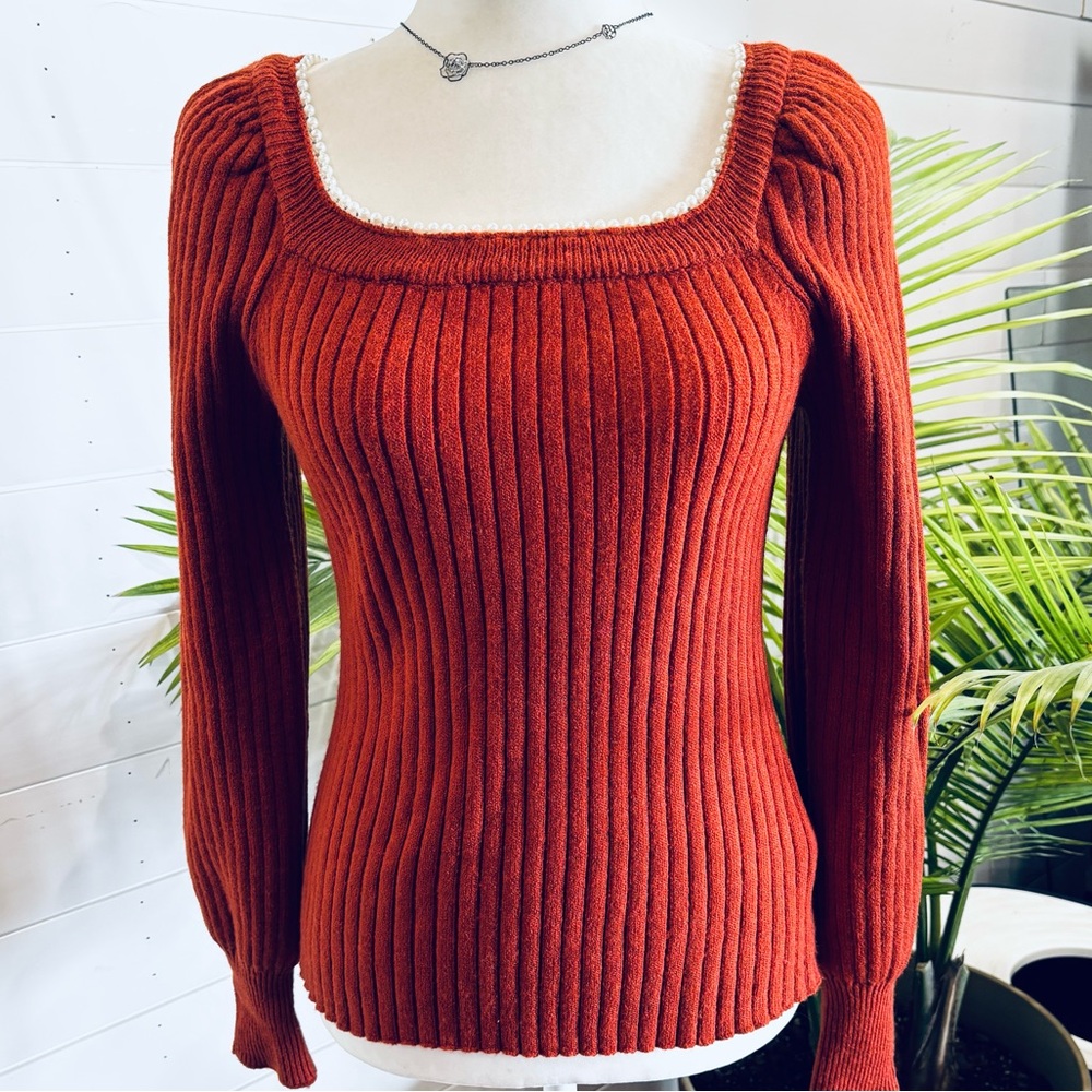 Nanette Lepore pearl lined squared neck coral/orange ribbed Med